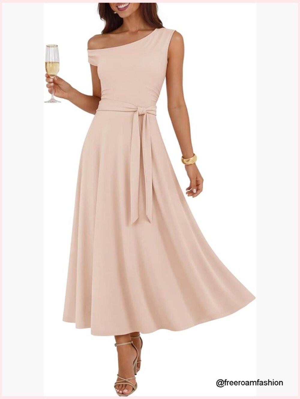 One Shoulder Maxi Dress Formal Sleeveless Flowy with Belt Wedding Guest